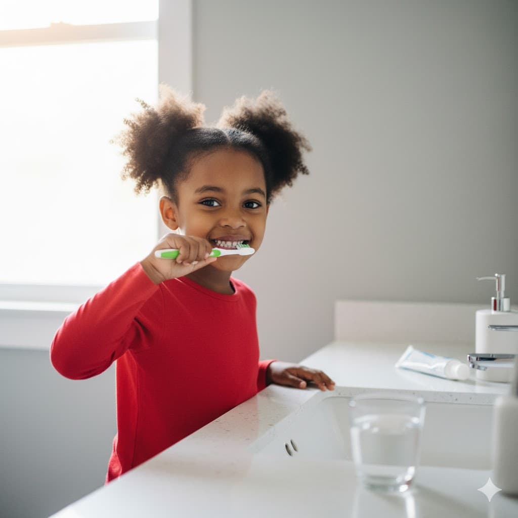 Black girl with natural hair demonstrating mastery of daily living skills, brushing teeth independently with confidence