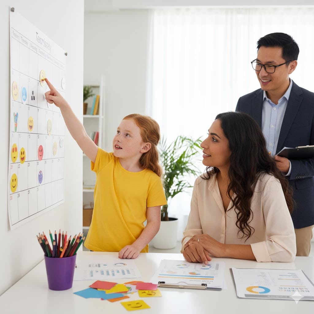 Asian male BCBA with South Asian mother and child reviewing progress planning calendar and therapy worksheets